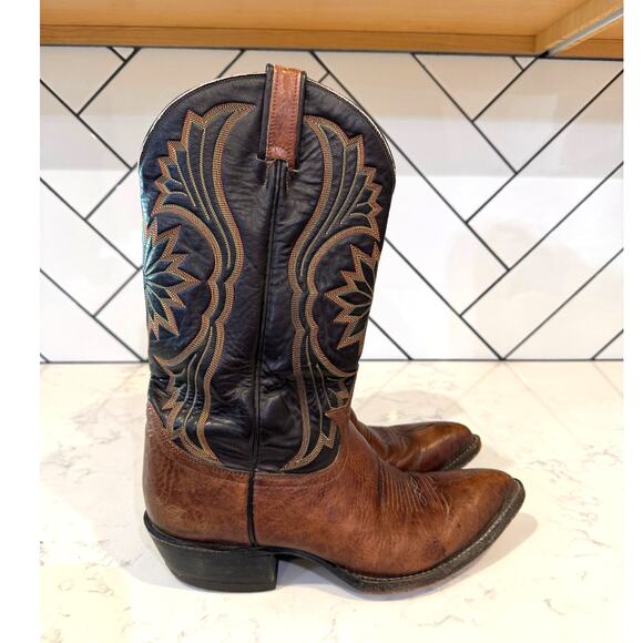 Vintage Tony Lama leather cowboy boots two-toned brown black size 8EE western